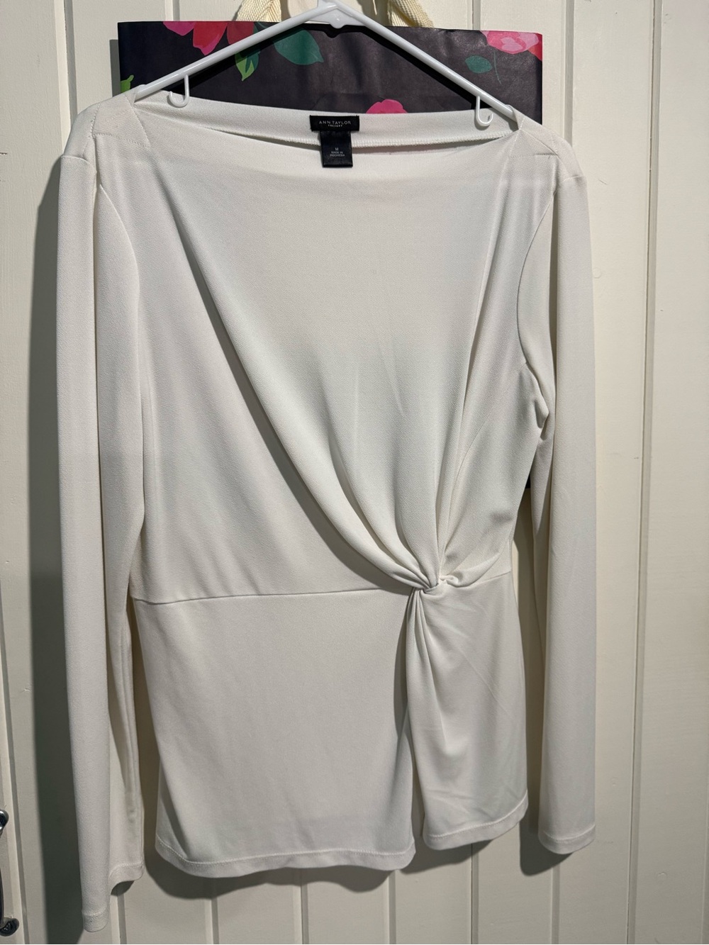 Ann Taylor Cream Long-Sleeve Twist-Knot Blouse